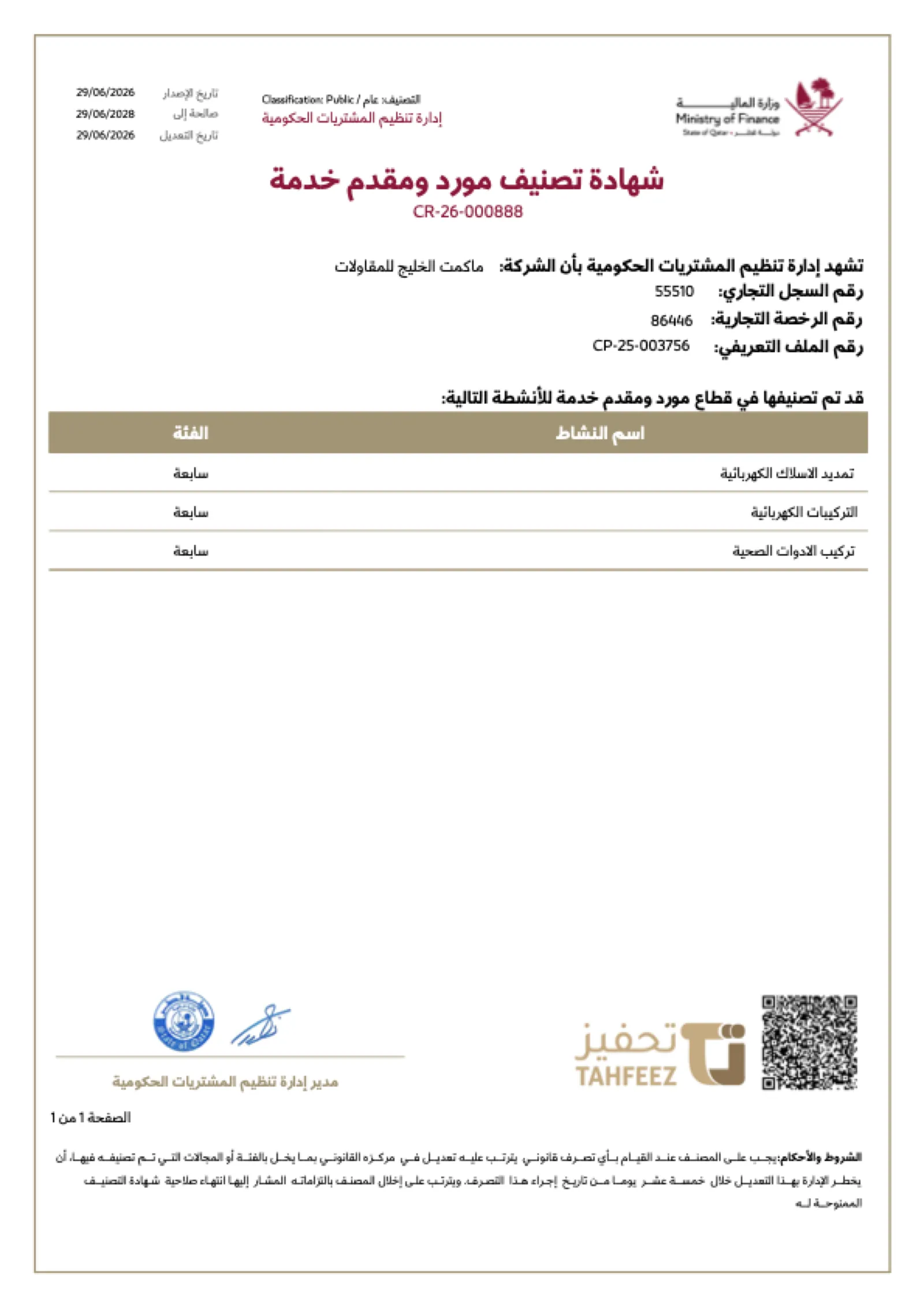 MAK CLASSIFICATION CERTIFICATE